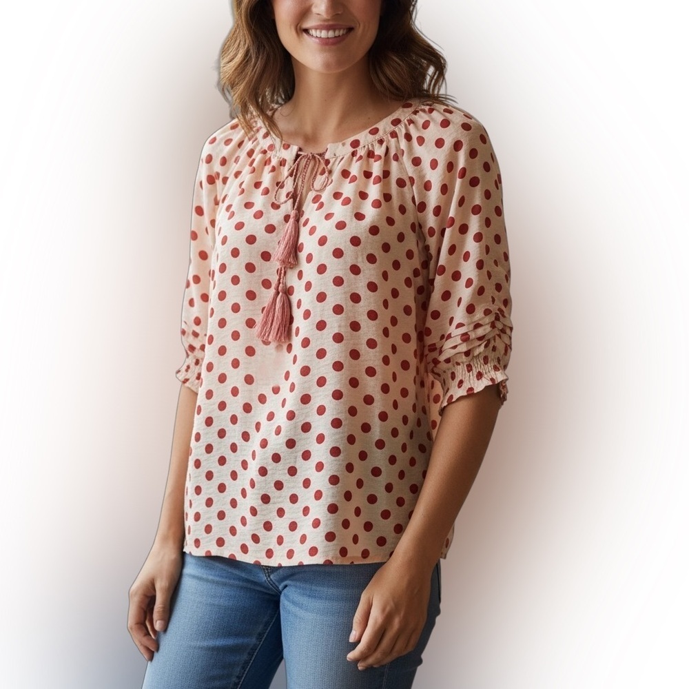 Ellison Womens Polka Dot Tassel Blouse Size Large